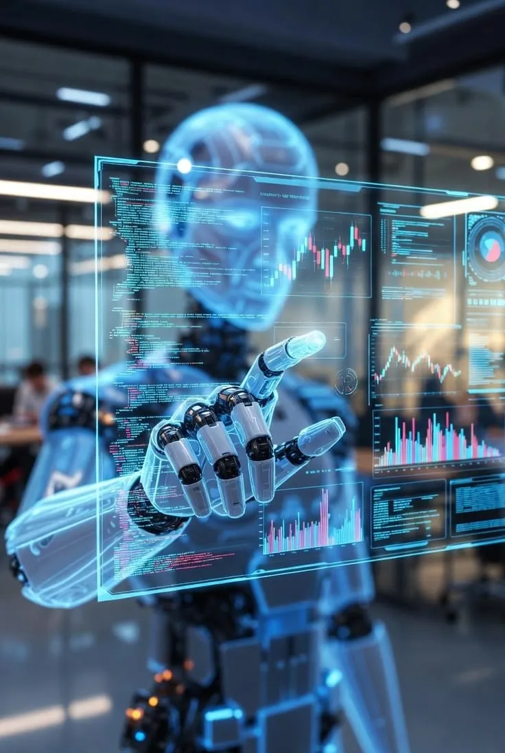 A humanoid robot interacting with a translucent holographic dashboard of charts and code.