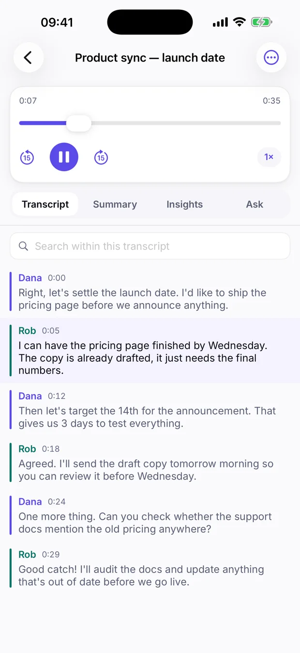 Clea for iOS showing a speaker-separated transcript of a product meeting under an audio player, with Summary, Insights and Ask tabs.