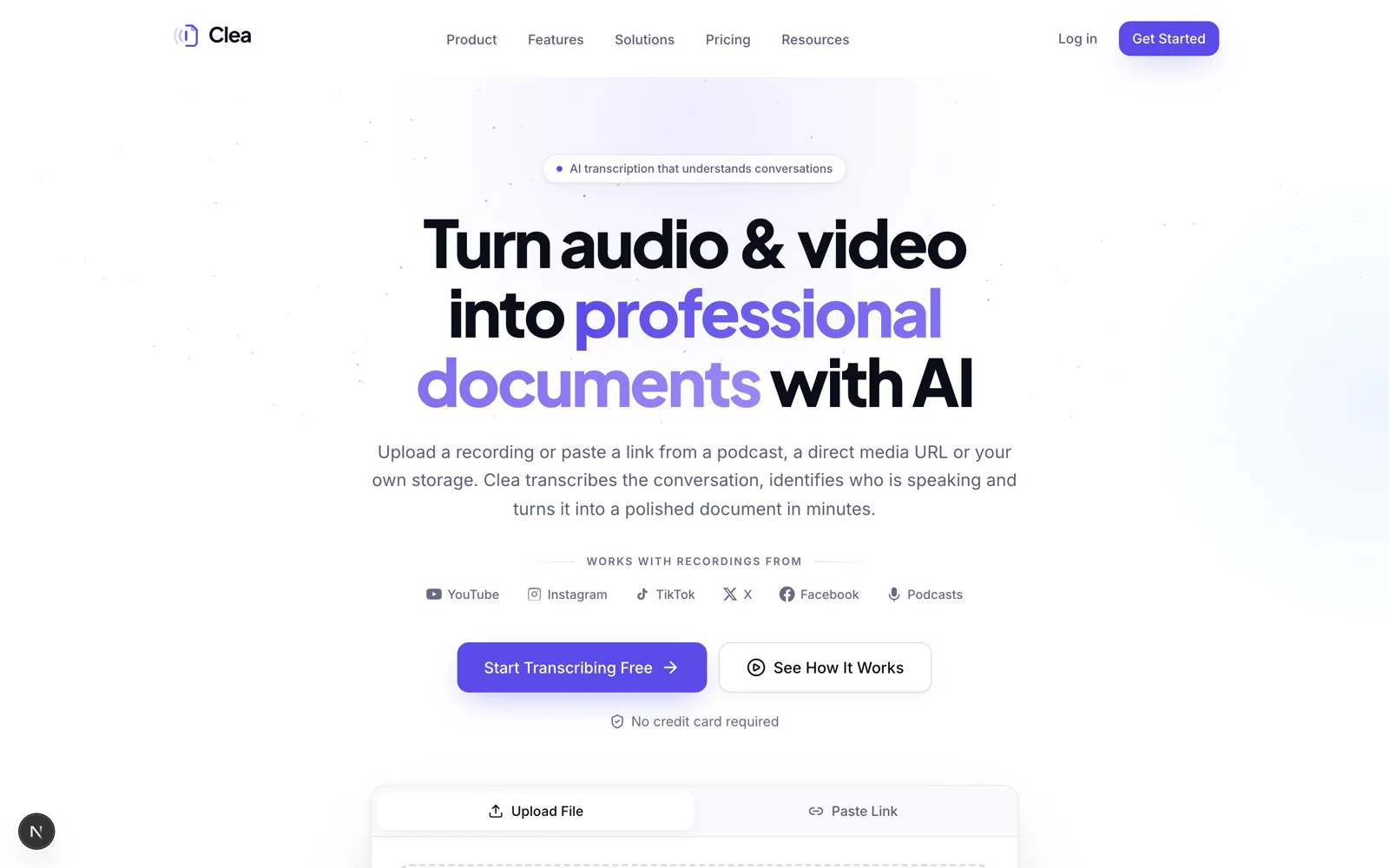 The Clea homepage: 'Turn audio & video into professional documents with AI', with upload and paste-link options.