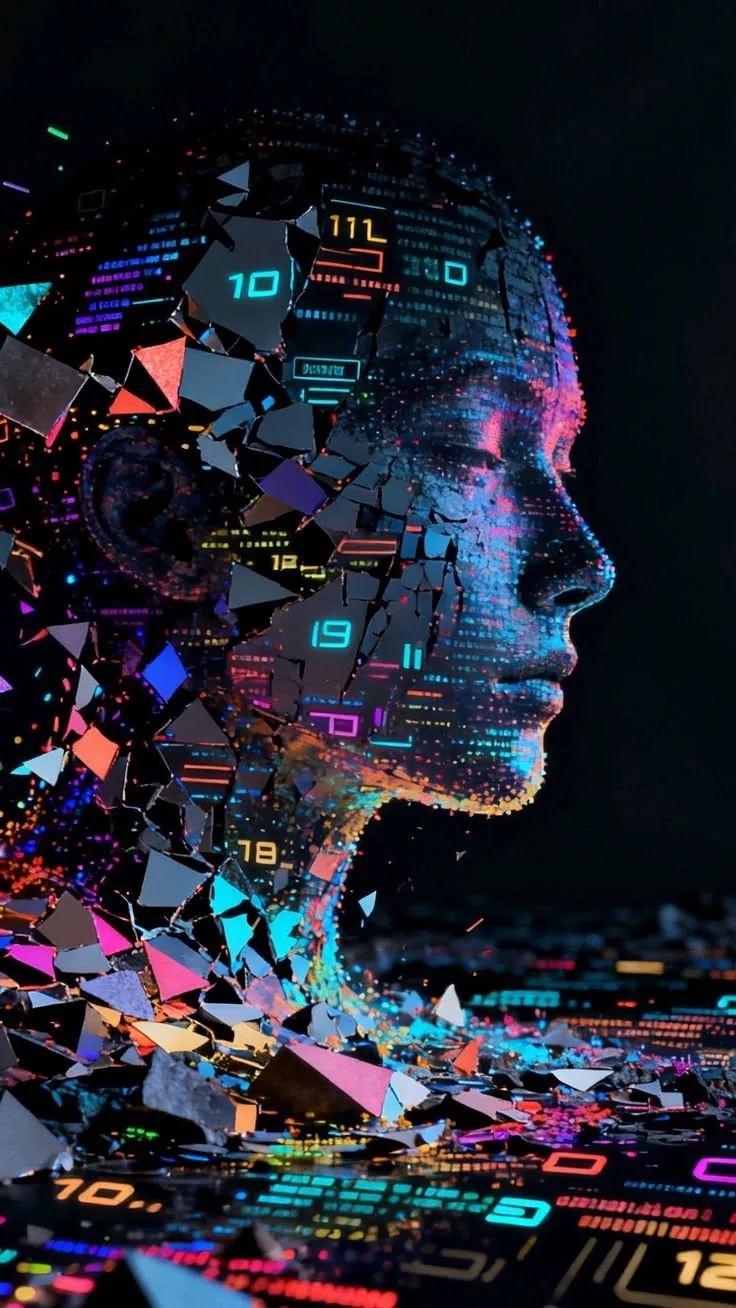 A human head in profile dissolving into neon data fragments and streams of digits.