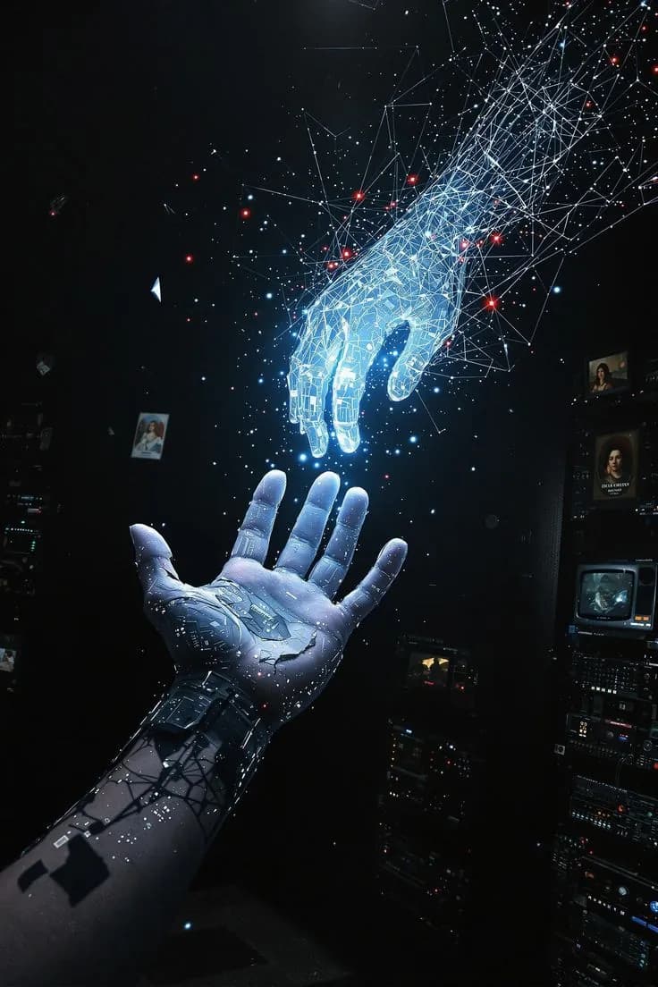 A robotic hand reaching upward toward a glowing hand formed from a network of light.