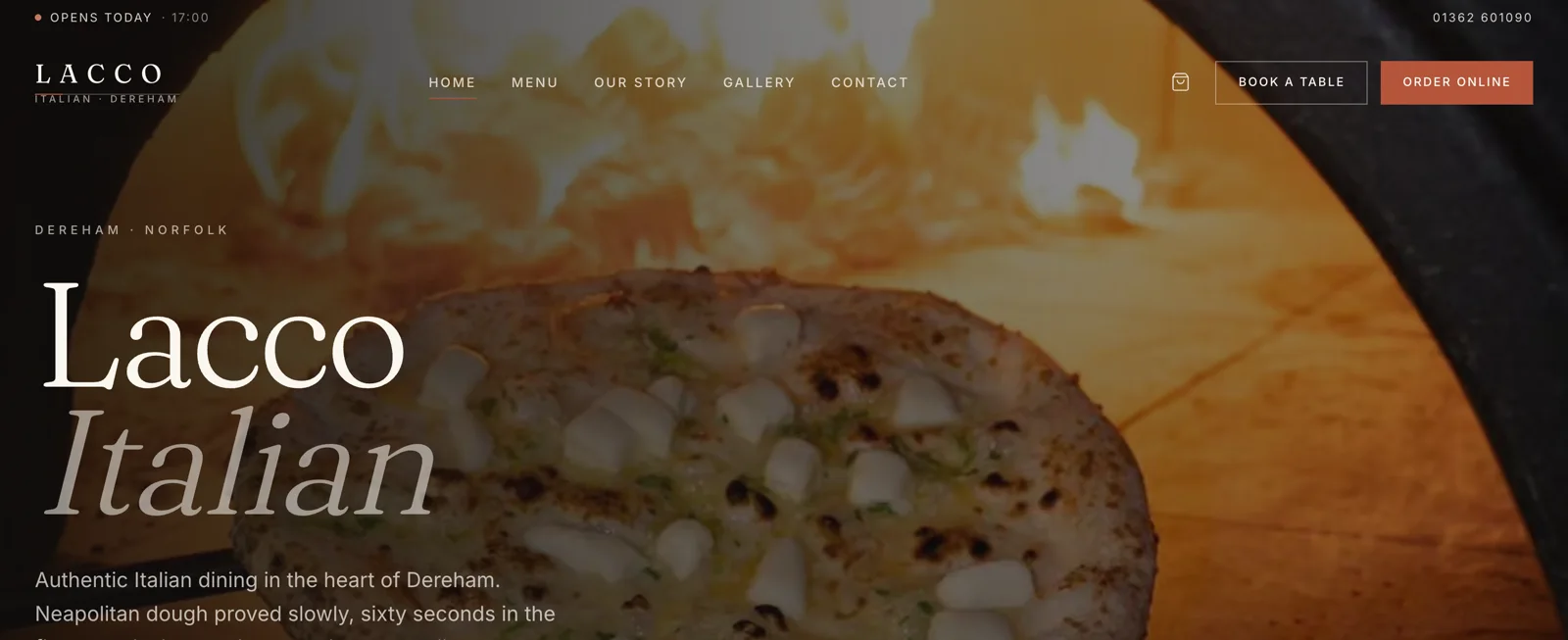 The Lacco Italian homepage: a Neapolitan pizza in the wood oven behind the restaurant name, with Book a table and Order online buttons.