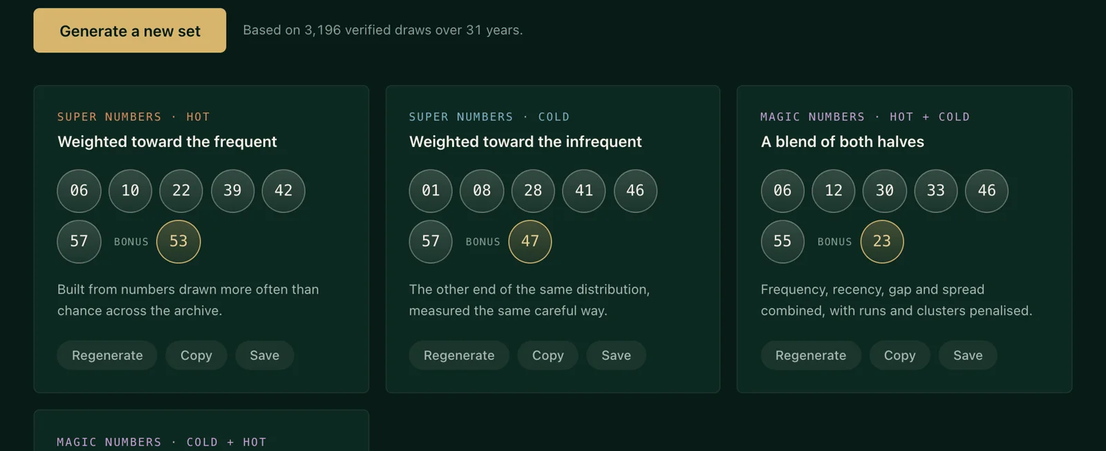 The LuckLab website generating three Lotto combinations — one weighted toward frequently drawn numbers, one toward infrequent, one a blend.