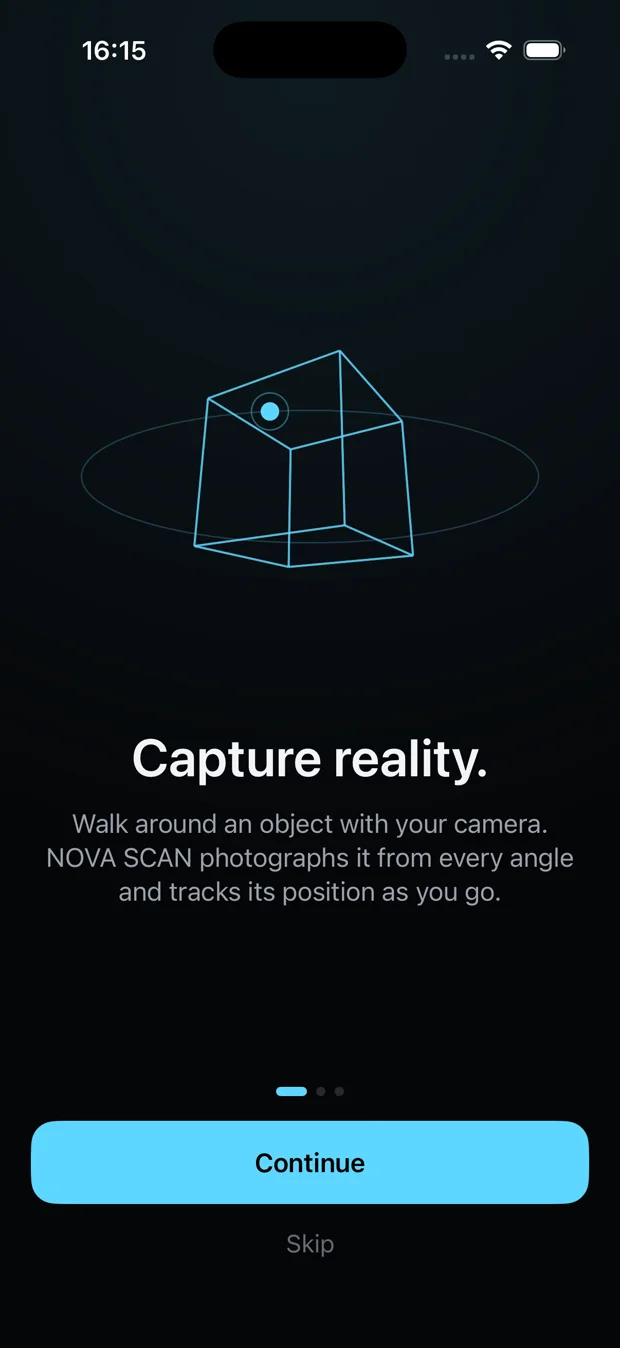 Nova Scan's opening screen on iPhone: a wireframe box orbited by a camera path under the headline "Capture reality".