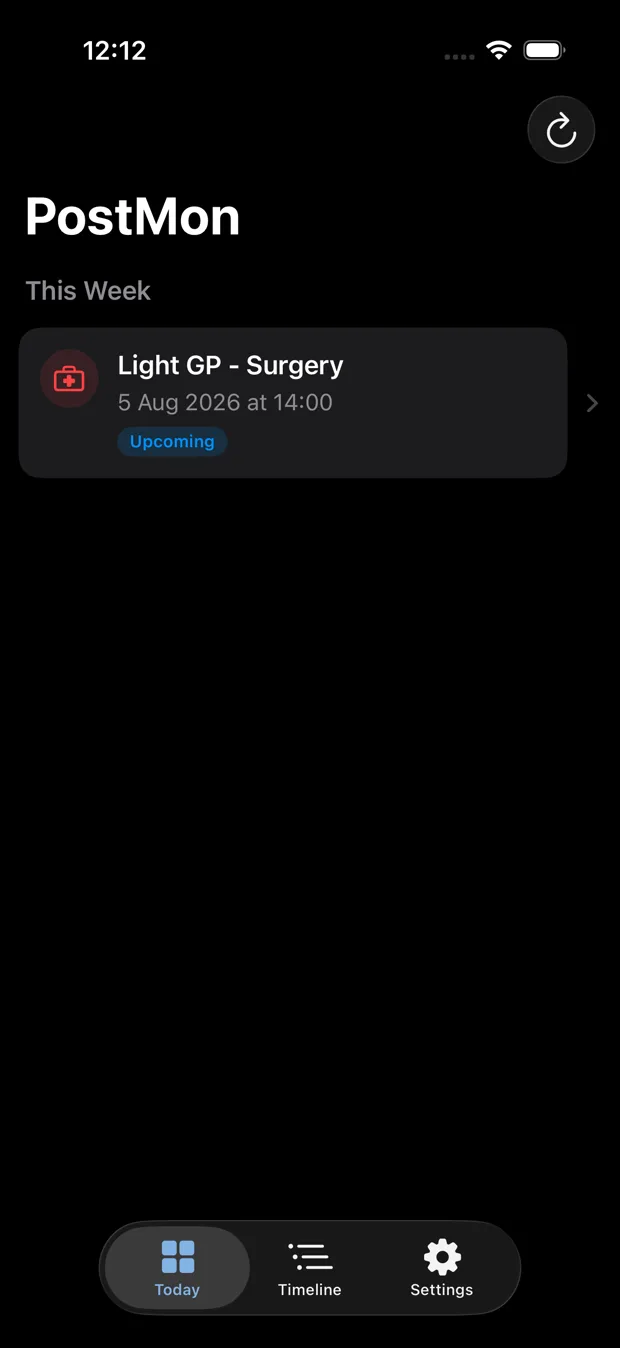 PostMon's Today screen on iPhone, listing an upcoming appointment extracted from email.