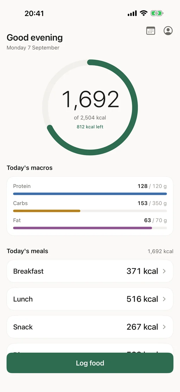 Repast's dashboard on iPhone: a calorie ring showing 1,692 of 2,504 kcal, today's protein, carbs and fat, and the day's meals.