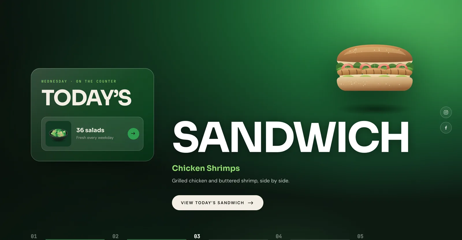 The Sesame Healty Food homepage: deep green hero with today's sandwich and a 36 salads panel.